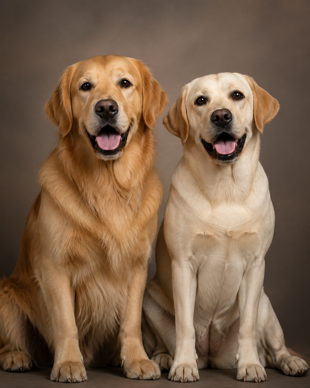 Golden retriever e labrador juntos, lado a lado, felizes