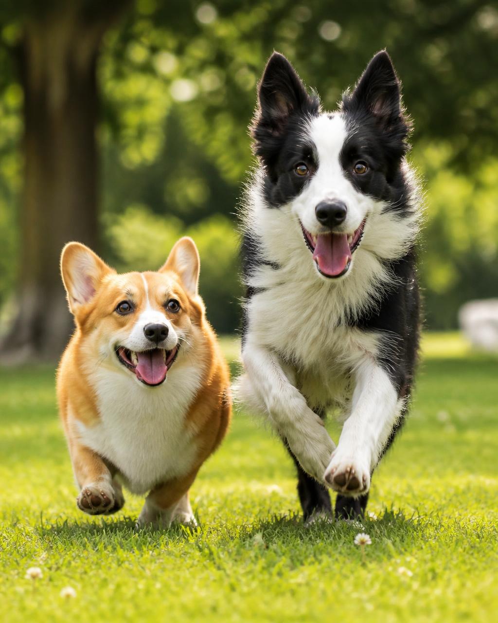 Corgi e border collie correndo juntos no parque